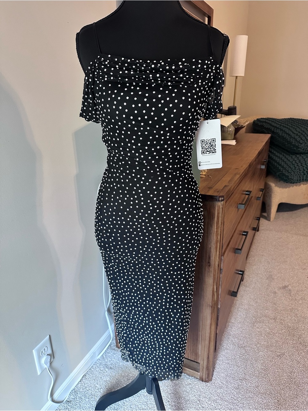 Emerald Sundae Off-Shoulder Black Polka Dot Rhinestone Midi Dress